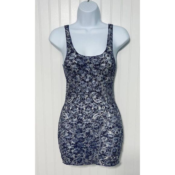 Free People Sheer Lace Printed Long Tank Top Lettuce Hem‎ Sleeveless Blue Small - Picture 1 of 11